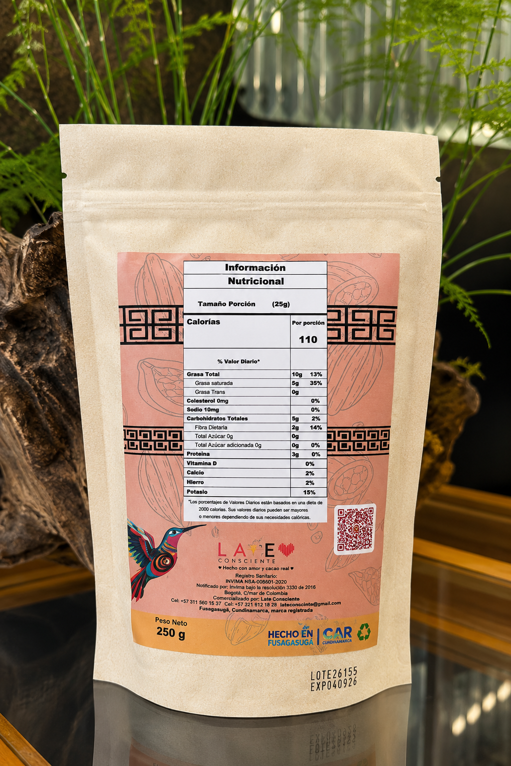 Información nutricional e ingredientes del Cacao de Mesa 100% Sin Azúcar Orgánico Late Consciente 250g.