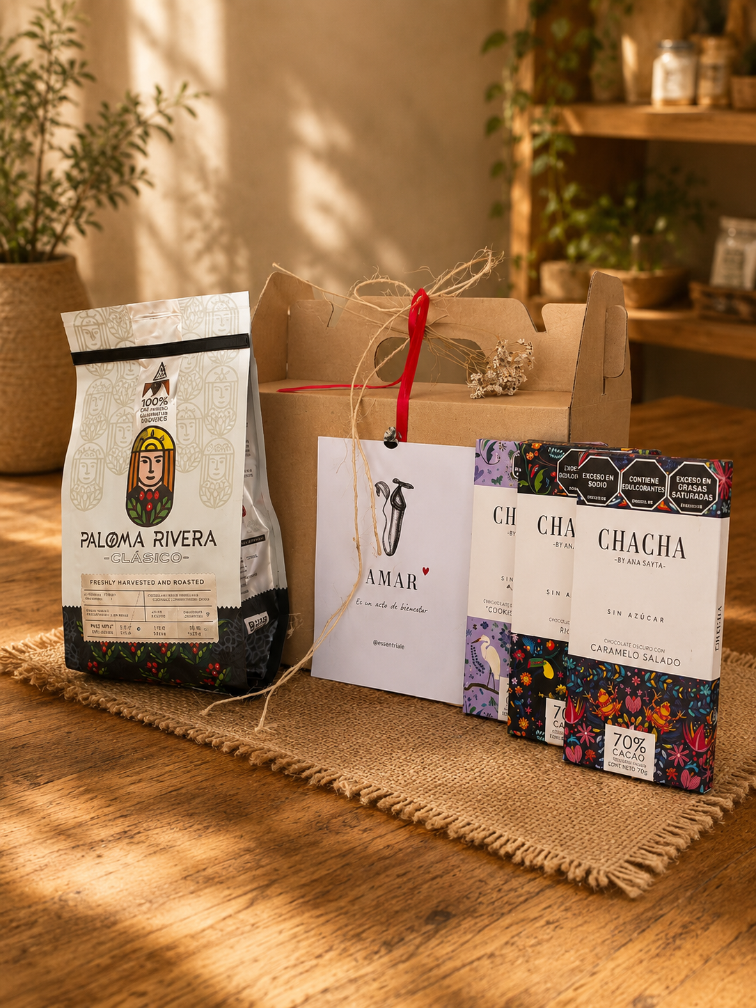 Kit Chocolate Lover con café de especialidad Paloma Rivera y chocolates Chacha sin azúcar en presentación de regalo