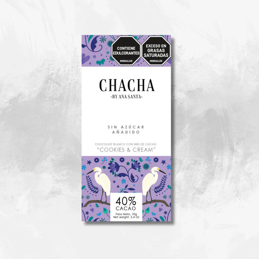 Chocolate Cookies & Cream 40% Cacao · Sin Azúcar - Chacha