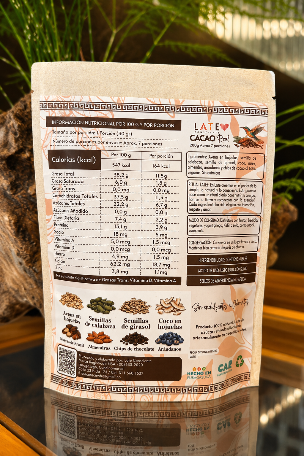 Información nutricional e ingredientes de Granola Cacao Real Late Consciente 200g