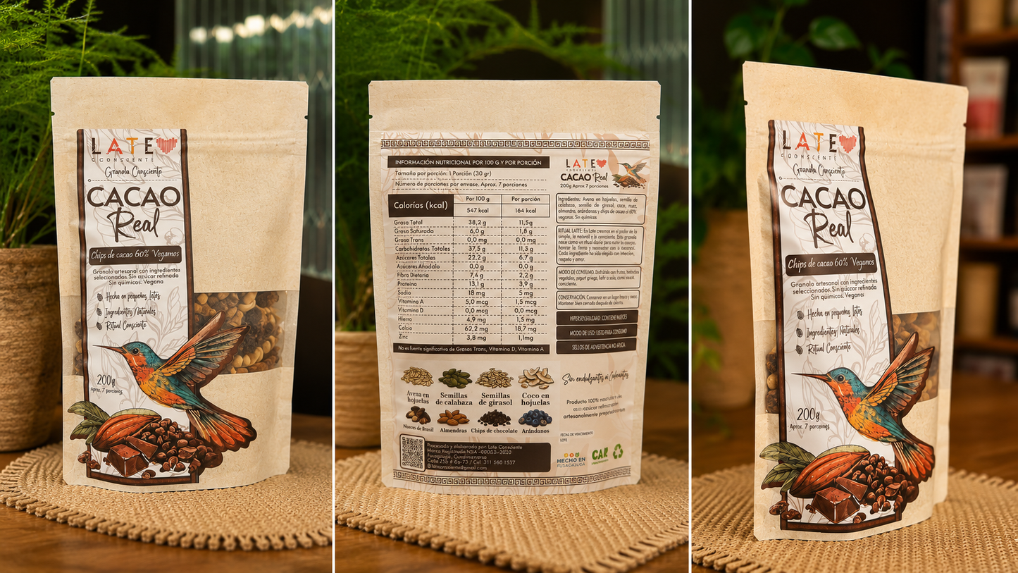 Granola artesanal con cacao, frutos secos y semillas ideal para desayuno o snack saludable