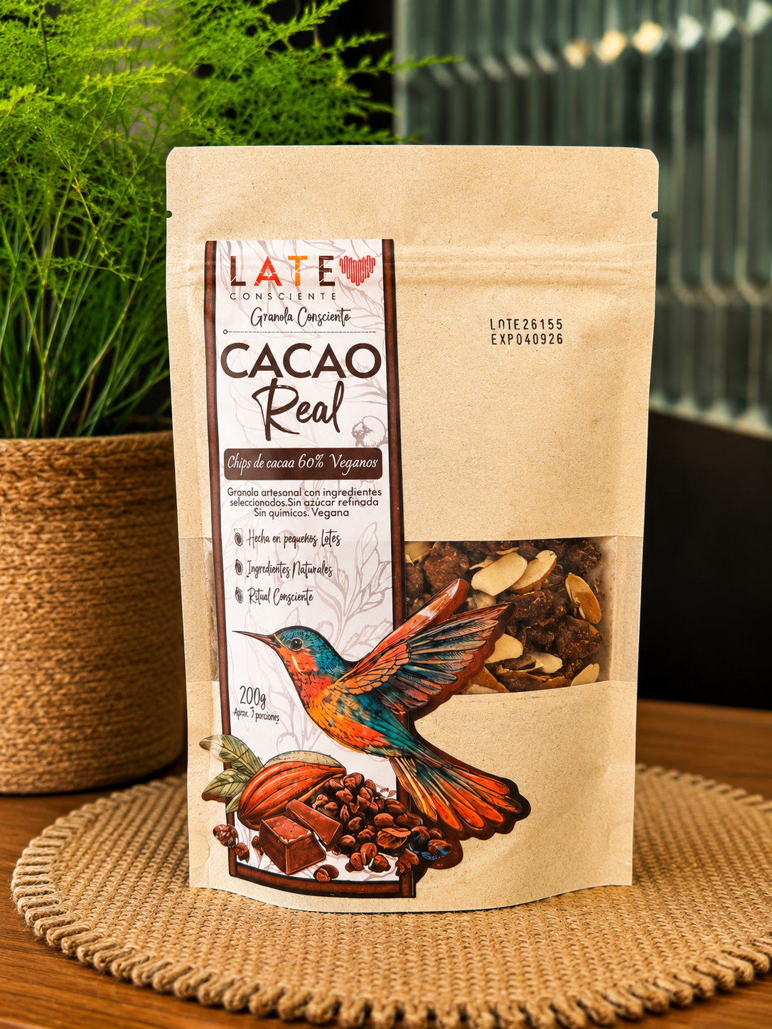 Granola Cacao Real Late Consciente con chips de cacao, avena, semillas y frutos secos en presentación de 200g