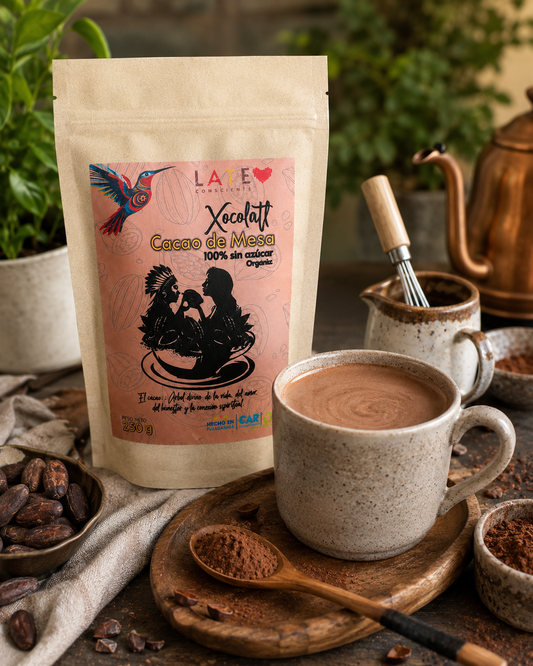 Cacao de Mesa Orgánico Late Consciente presentado en un ambiente natural con plantas y luz cálida.