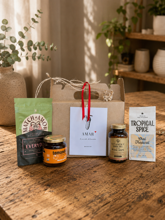 Caja Bienestar Integral con matcha, miel, infusión chai y vitamina C