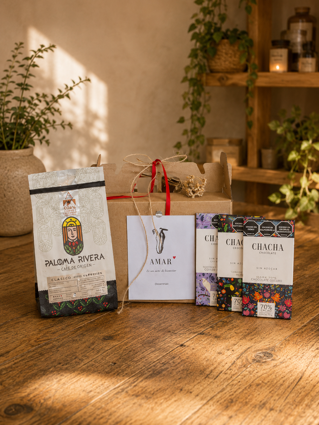 Kit Chocolate Lover con café de especialidad Paloma Rivera y chocolates Chacha sin azúcar en caja de regalo